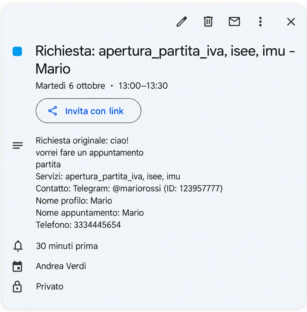 Appuntamento creato da ALLA nel calendario per Mario